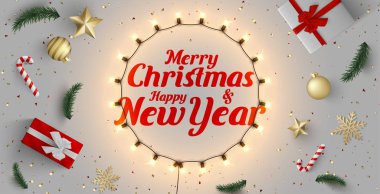 Christmas and New Year banner with festive decoration and gifts. clipart