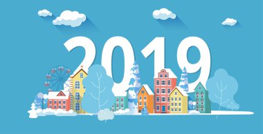 Noel ve yeni yıl 2019 poster kış cityscape ile.