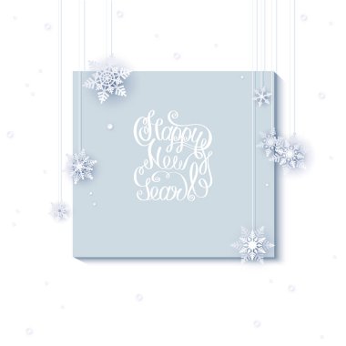 Mutlu yeni yıl tebrik kartı güzel kar taneleri ile. 
