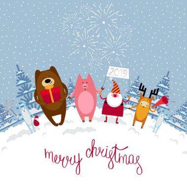 Noel Baba ve sevimli ani neşeli Noel 2019 tebrik kartı