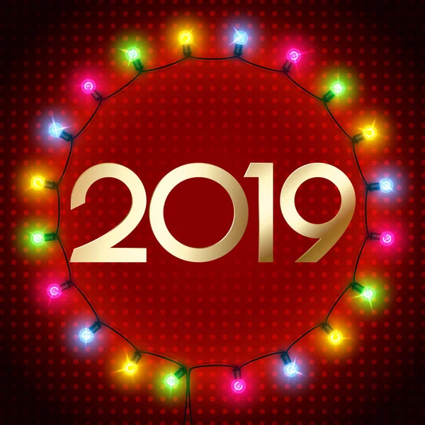 Tarjeta roja de año nuevo 2019 con marco redondo de l decorativo colorido — Vector de stock