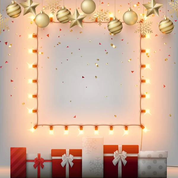 Glänzende Weihnachts- und Neujahrsplakat mit quadratischem Rahmen der Dekoration — Stockvektor