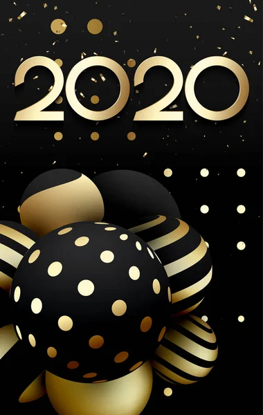 Tarjeta Black Happy New Year 2020 con bolas de Navidad doradas . — Archivo Imágenes Vectoriales