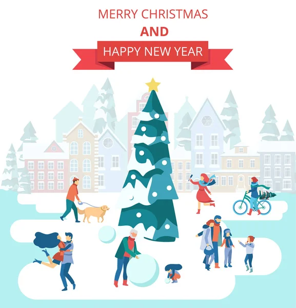 Tarjeta de Navidad y Año Nuevo con árbol de Navidad y gente . — Vector de stock