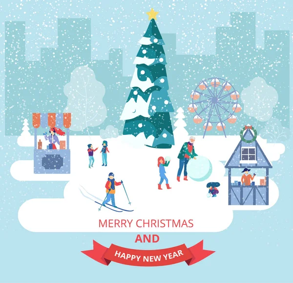 Merry Christmas and Happy New Year card with winter cityscape an — Stock Vector