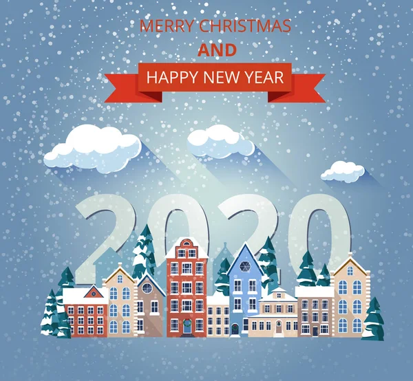 冬 citysca と陽気なクリスマスと幸せな新年 2020 カード — ストックベクタ