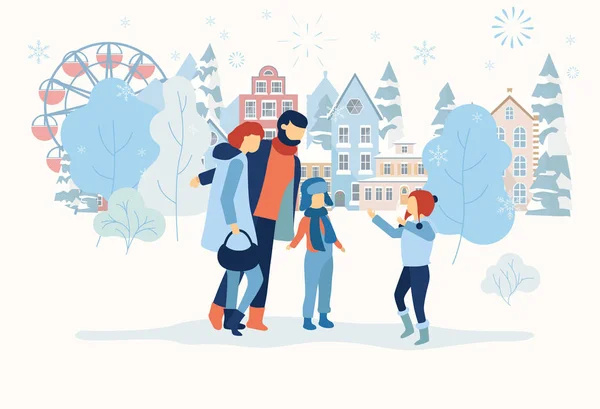 Famille passer des vacances en plein air dans le parc de la ville. Affiche urbaine hiver — Image vectorielle