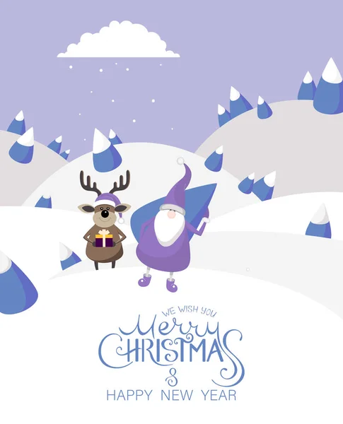 Jul och nyår kort med Santa Claus, rådjur och Gran. — Stock vektor