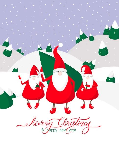Boldog Karácsonyt és boldog új évet kártya aranyos mikulások. — Stock Vector