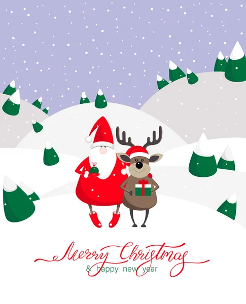 Feliz Natal e Feliz Ano Novo cartão com Papai Noel e dee —  Vetores de Stock
