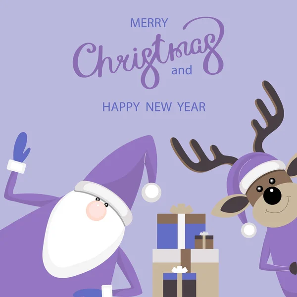 Noel Baba, geyik ile neşeli Noel ve mutlu yeni yıl poster — Stok Vektör