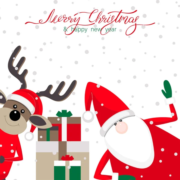 Рождественская и новогодняя открытка с Санта-Клаусом, оленями и подарками . — стоковый вектор