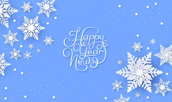 Kar taneleri ile mavi mutlu yeni yıl tebrik kartı. — Stok Vektör