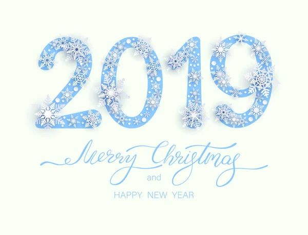 Feliz Navidad y Feliz Año Nuevo 2019 cartel con copos de nieve . — Vector de stock