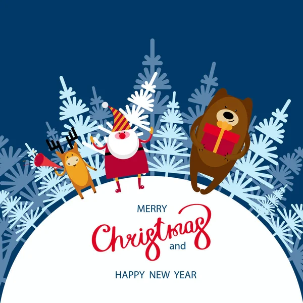 Новий рік і Різдво карти з Санта-Клауса, олені і ведмідь. — стоковий вектор