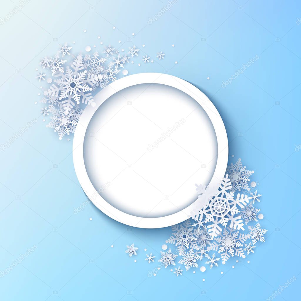 Winter round background with beautiful snowflakes. Christmas dec