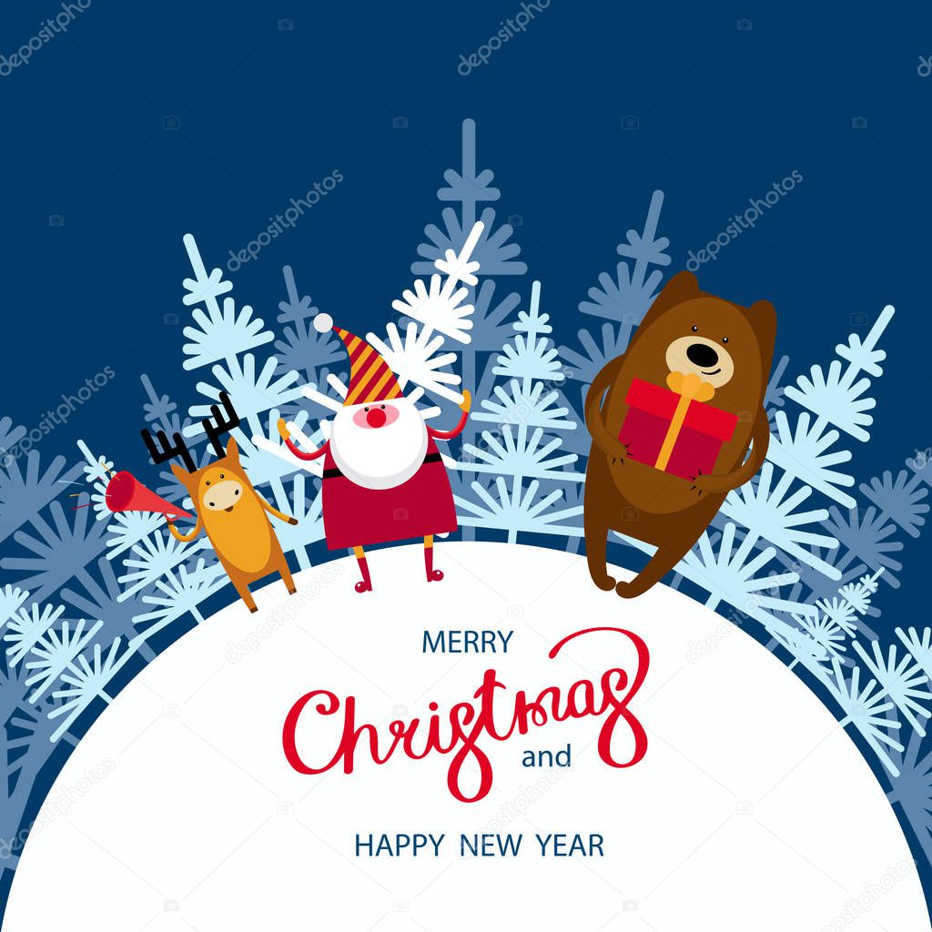 Christmas and New Year card with Santa Claus, deer and bear.