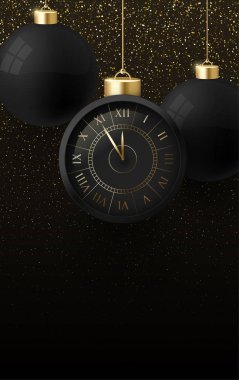 Happy New Year greeting card with clock and Christmas balls. clipart