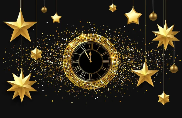 Feliz Navidad y Feliz Año Nuevo tarjeta brillante con reloj de oro un — Vector de stock