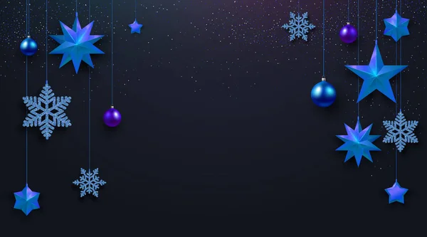 Jul och nyår affisch med blå stjärnor, jul bollar en — Stock vektor