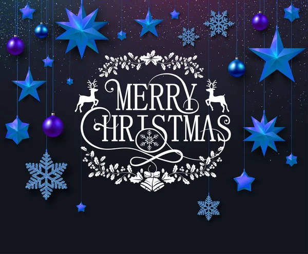 Feliz Navidad tarjeta de felicitación con estrellas azules, bolas de Navidad a — Vector de stock