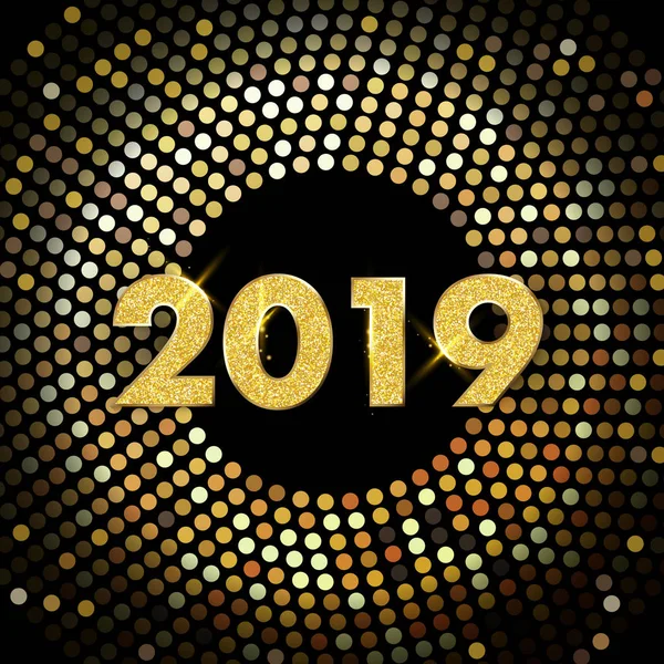 Afiche festivo de Año Nuevo 2019 dorado brillante . — Vector de stock