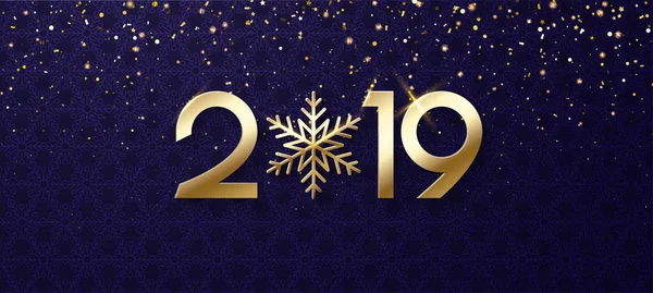 Púrpura brillante Feliz Año Nuevo 2019 banner con copo de nieve de oro . — Vector de stock