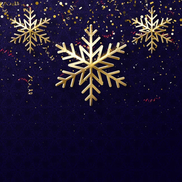 Fondo festivo brillante de invierno con copos de nieve dorados y confe — Vector de stock