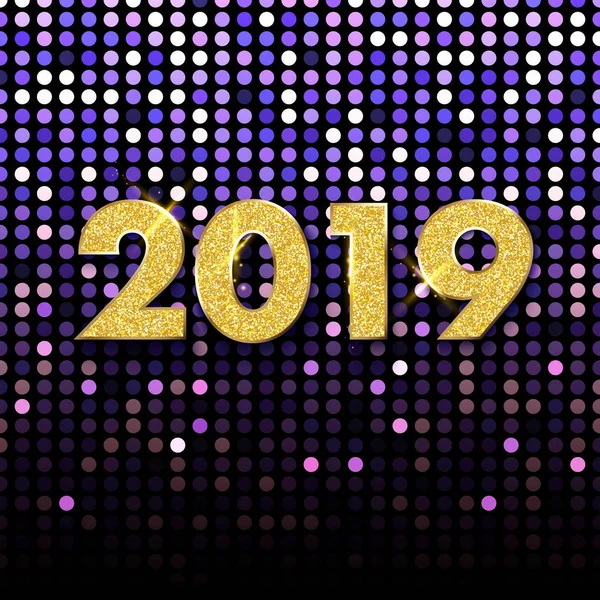 Cartel púrpura brillante de Año Nuevo 2019 con figuras doradas . — Vector de stock