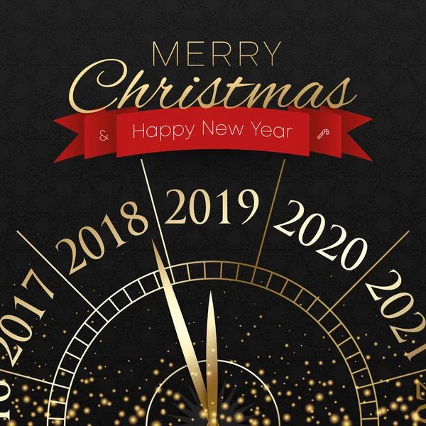 Feliz Navidad y Feliz Año Nuevo 2019 tarjeta con reloj . — Vector de stock