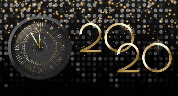 Noël et Nouvel An 2020 affiche brillante noire avec horloge . — Image vectorielle