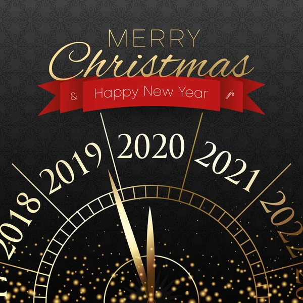 Feliz Navidad y Feliz Año Nuevo 2020 tarjeta con reloj . — Vector de stock