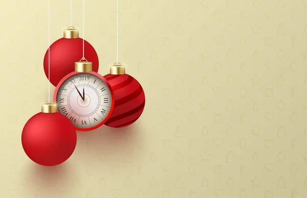 快乐新年2019年背景与时钟和红色圣诞球 — 图库矢量图片