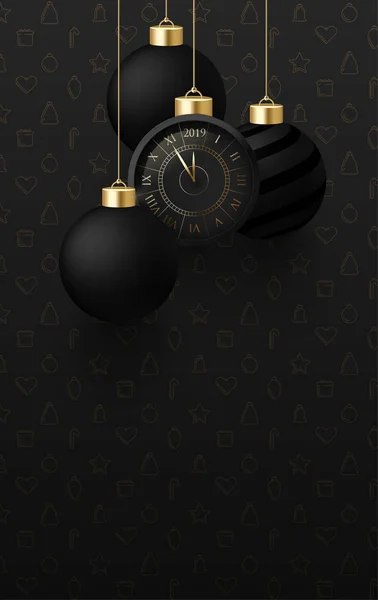 Feliz Año Nuevo 2019 tarjeta de felicitación con reloj y bolas de Navidad — Vector de stock