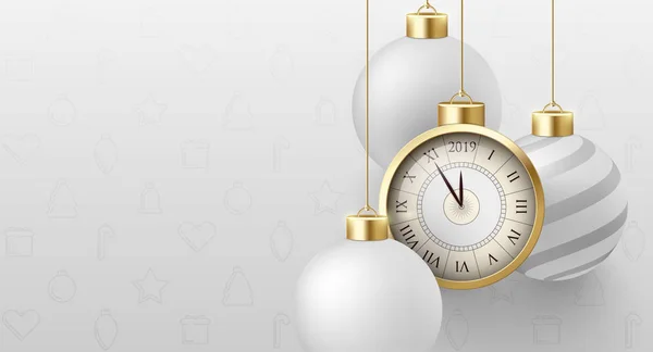 Gott nytt år 2019 bakgrund med klocka och julgranskulor. — Stock vektor