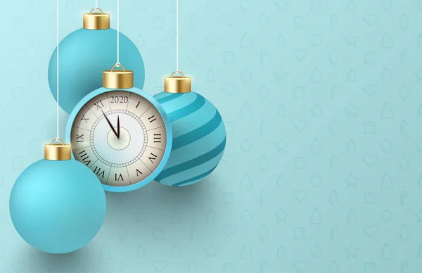 Feliz Año Nuevo 2020 fondo con reloj y bolas de Navidad . — Vector de stock