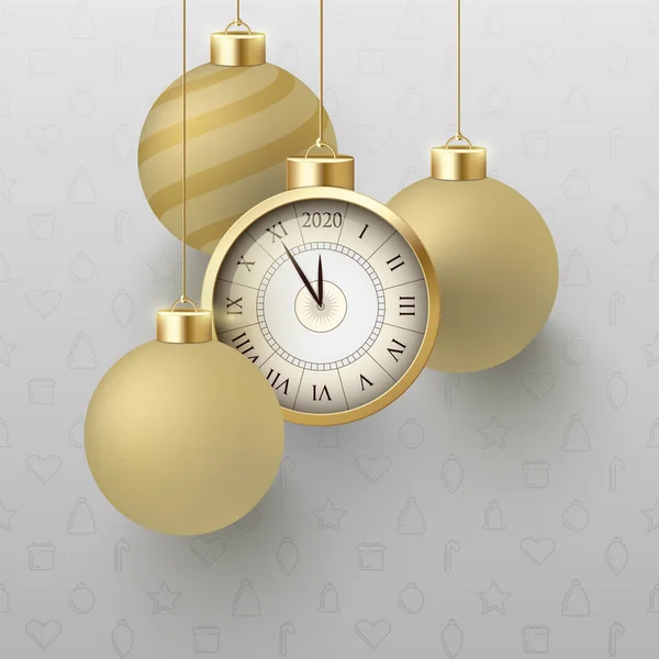 快乐新年2020海报与时钟和金色圣诞球 — 图库矢量图片