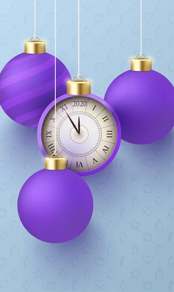 Gott nytt år 2020 gratulationskort med klocka och lila jult — Stock vektor