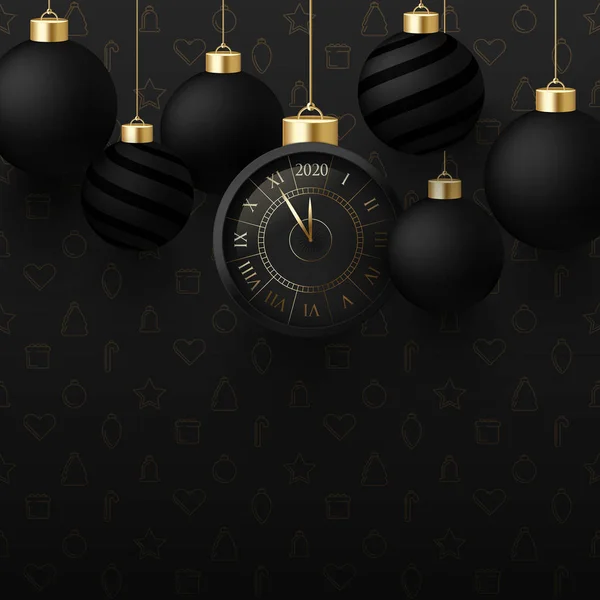 Frohes neues Jahr 2020 Plakat mit Uhr und Weihnachtskugeln. — Stockvektor