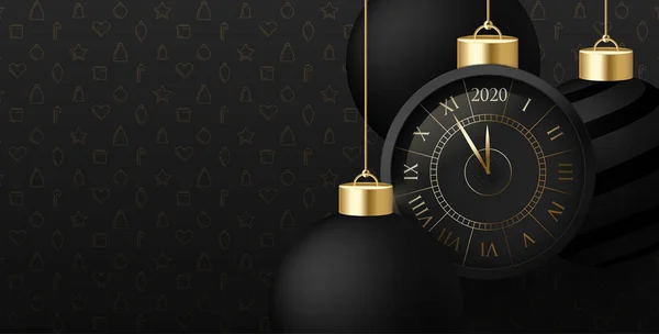 Feliz Año Nuevo 2020 fondo con reloj y bolas de Navidad . — Vector de stock