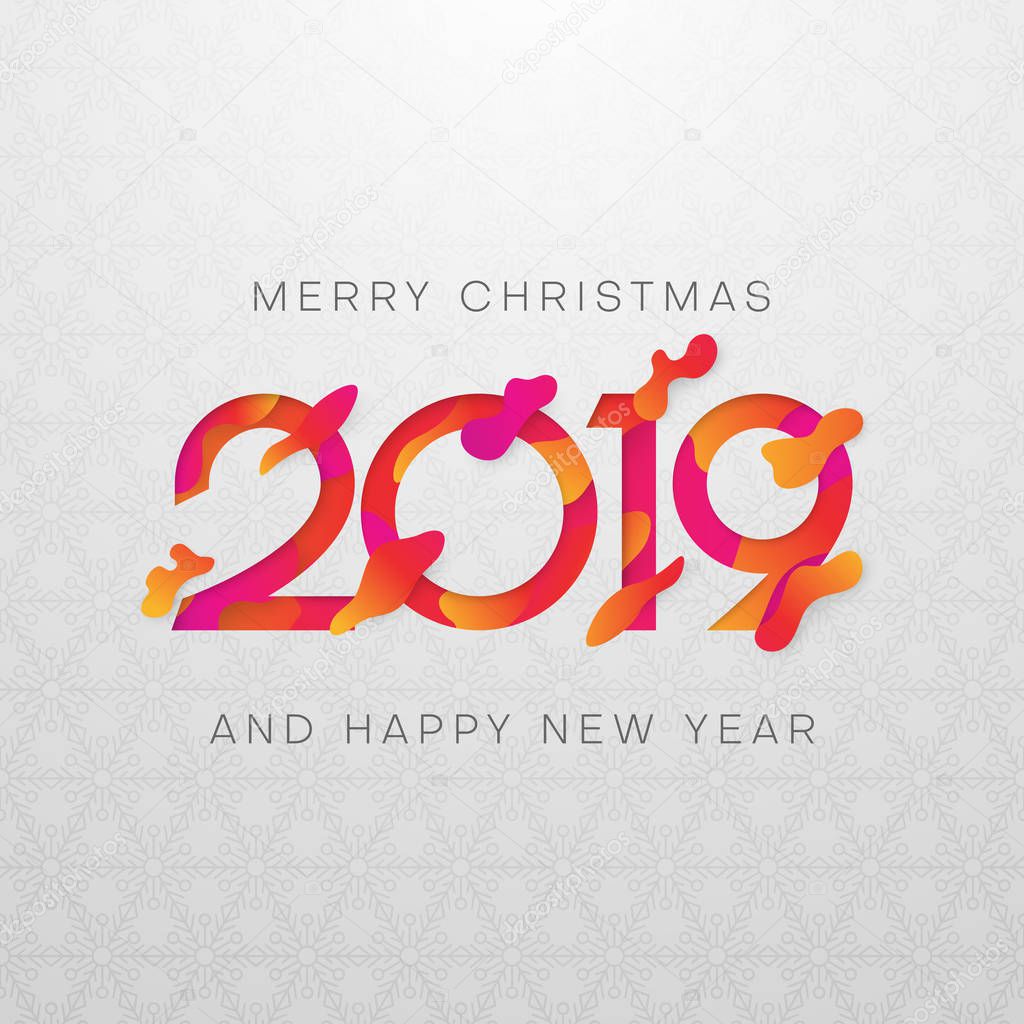 Merry Christmas and Happy New Year 2019 card with colorful figur