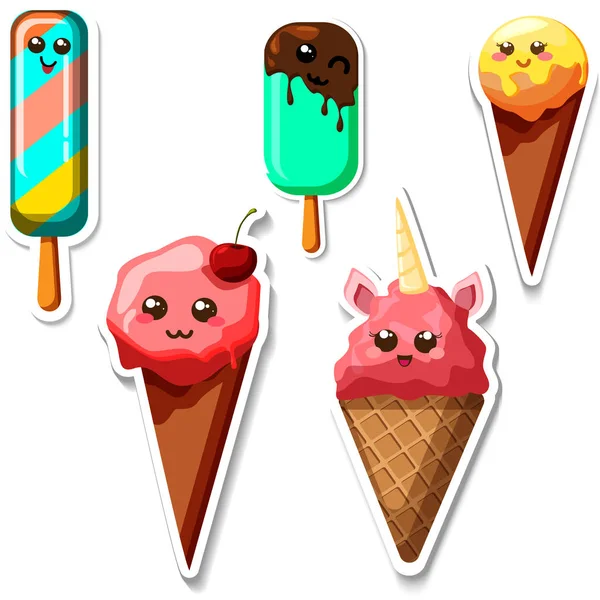 Funny ice cream stickers isolated on white. — Stock Vector