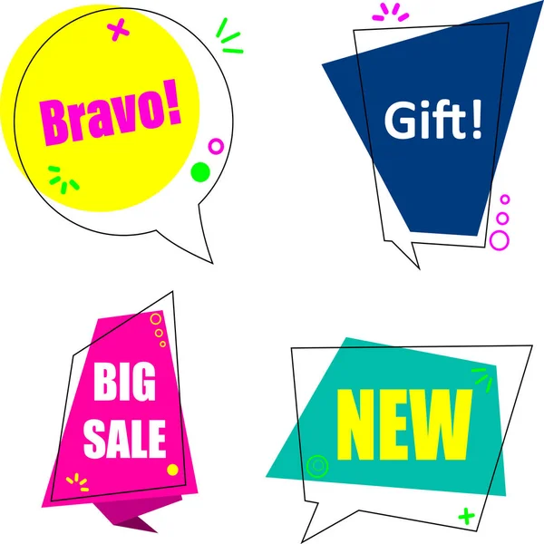 Bravo, big sale, new and gift labels isolated on white. — Stock Vector