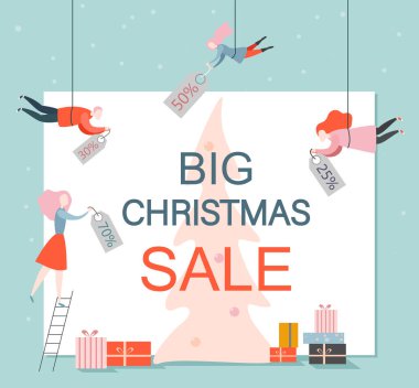 Big Christmas sale poster with people with discount tags and gif clipart