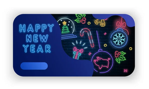 Feliz Año Nuevo con decoraciones de Navidad luminosas de neón en — Vector de stock