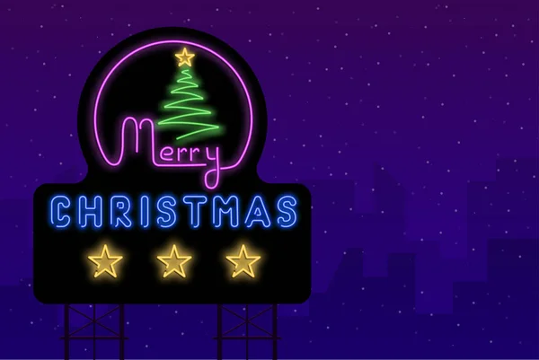 圣诞快乐霓虹灯闪亮的海报与圣诞树上的雪 b — 图库矢量图片