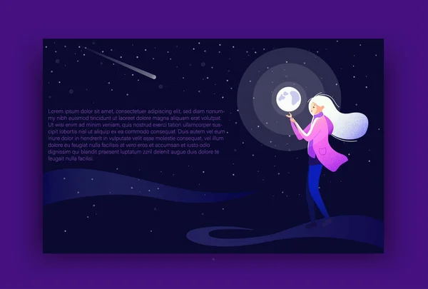 Κορίτσι με το φεγγάρι. Νύχτα μαγική διάθεση αφίσα. — Διανυσματικό Αρχείο
