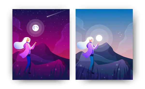 La fille marche seule avec la lune et rêve. Cartes d'humeur magiques . — Image vectorielle