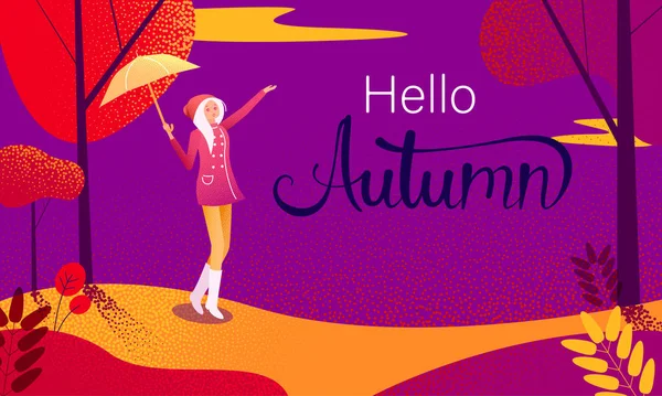 Hallo Herbstplakat. Mädchen mit Regenschirm spazieren im Park. — Stockvektor