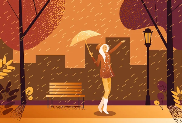 Girl with umbrella walks in the rain in park. — Stock Vector